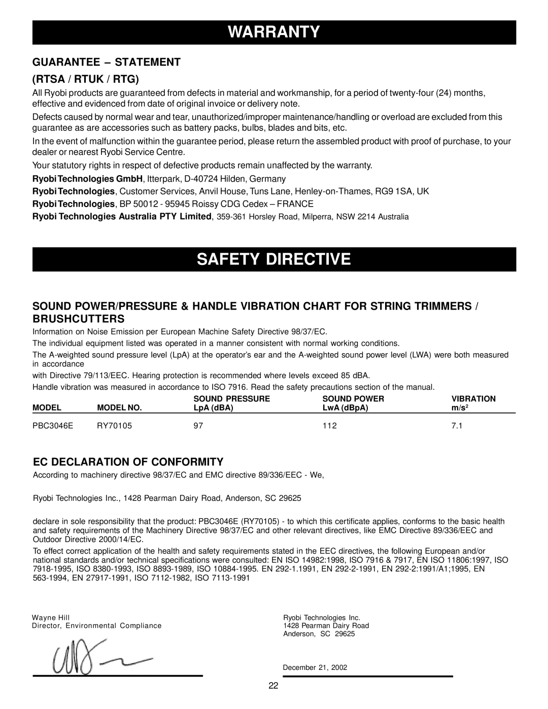 Ryobi Outdoor RY70105 Warranty, Safety Directive, Guarantee Statement Rtsa / Rtuk / RTG, EC Declaration of Conformity 