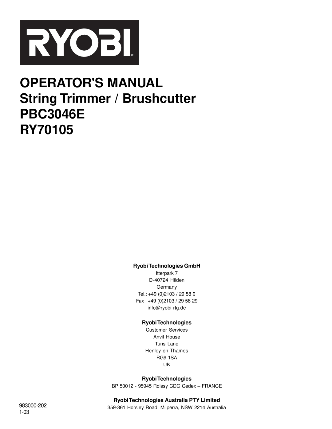 Ryobi Outdoor RY70105, PBC3046E manual 983000-202 