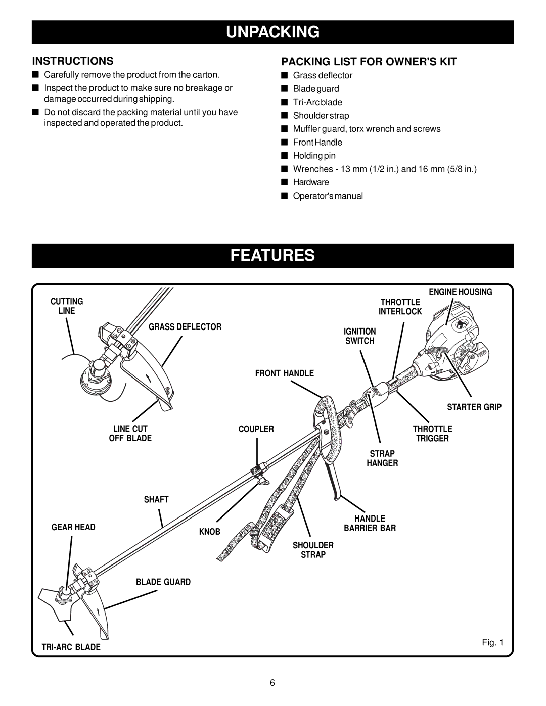 Ryobi Outdoor RY70105, PBC3046E manual Unpacking, Features, Instructions, Packing List for Owners KIT 