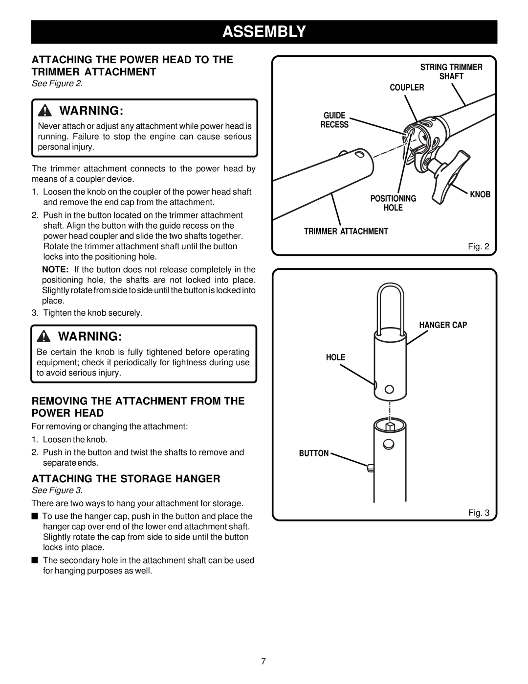 Ryobi Outdoor PBC3046E, RY70105 Assembly, Attaching the Power Head to the Trimmer Attachment, Attaching the Storage Hanger 