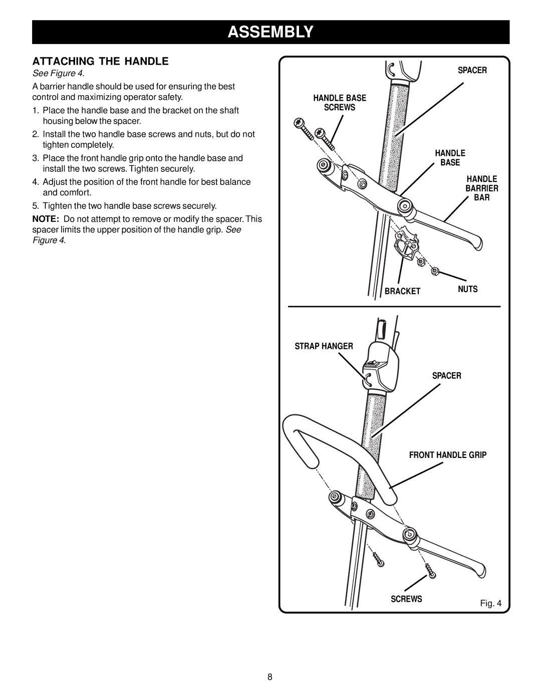 Ryobi Outdoor RY70105, PBC3046E manual Attaching the Handle 