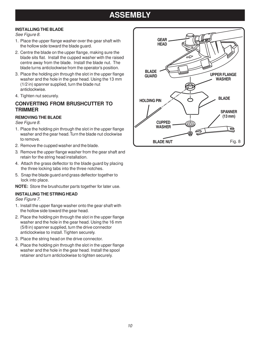 Ryobi Outdoor RY70107A, PBC3046B manual Converting from Brushcutter to Trimmer, Installing the Blade, Removing the Blade 