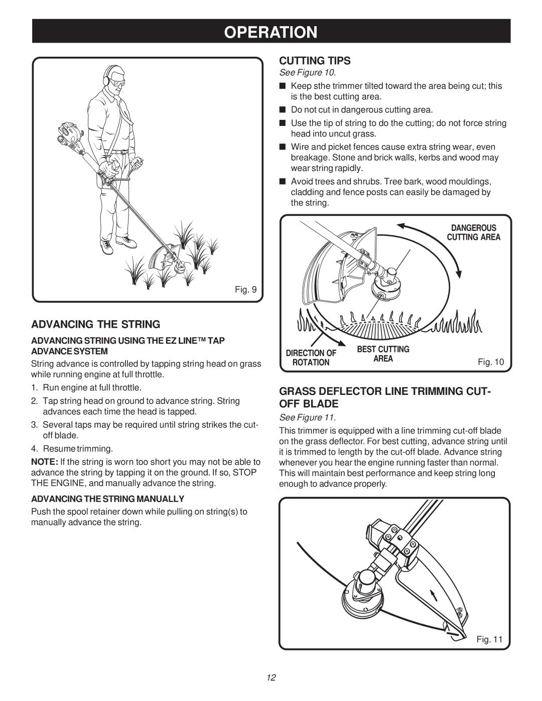 Ryobi Outdoor RY70107A, PBC3046B manual Advancing the String, Cutting Tips, Grass Deflector Line Trimming CUT- OFF Blade 