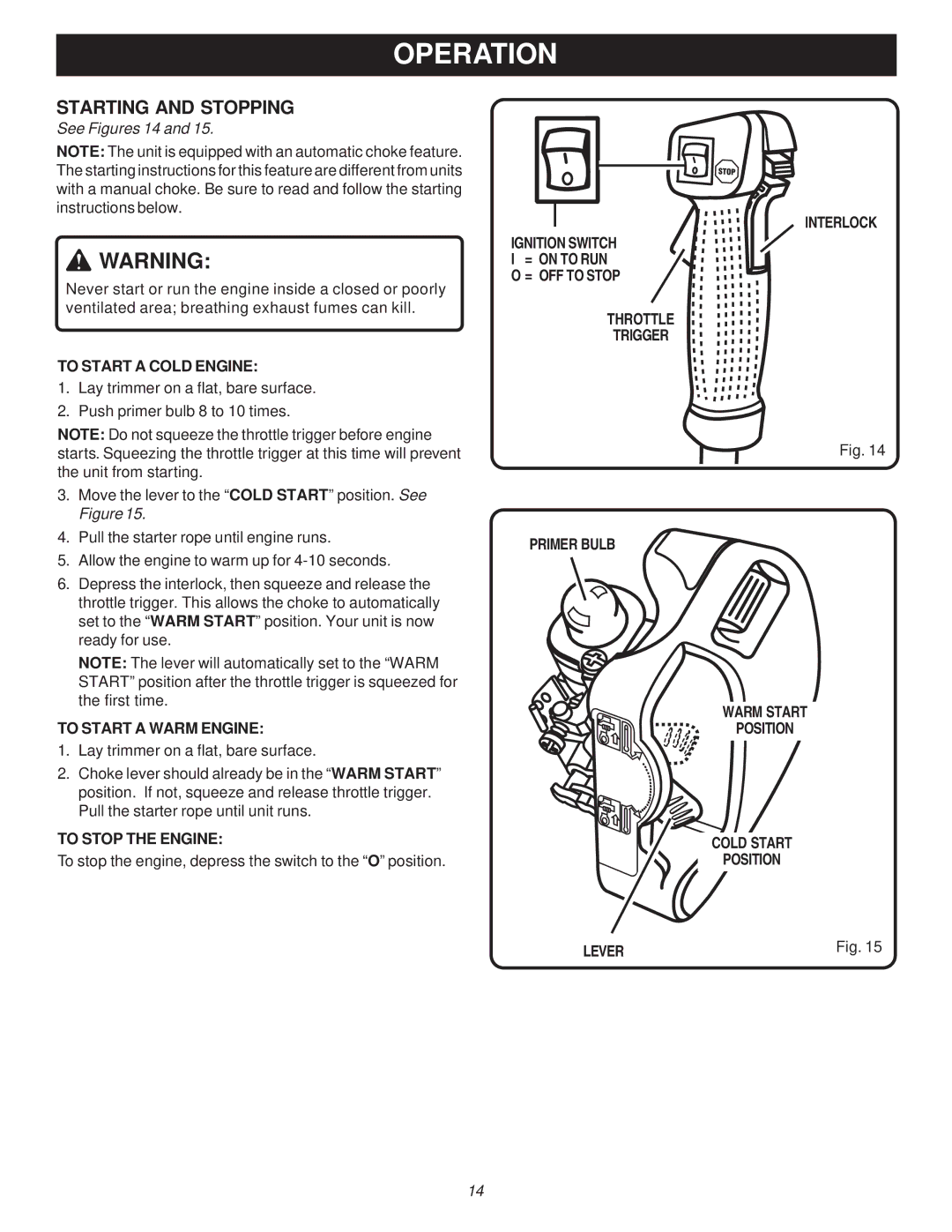 Ryobi Outdoor RY70107A, PBC3046B Starting and Stopping, See Figures 14, To Start a Cold Engine, To Start a Warm Engine 