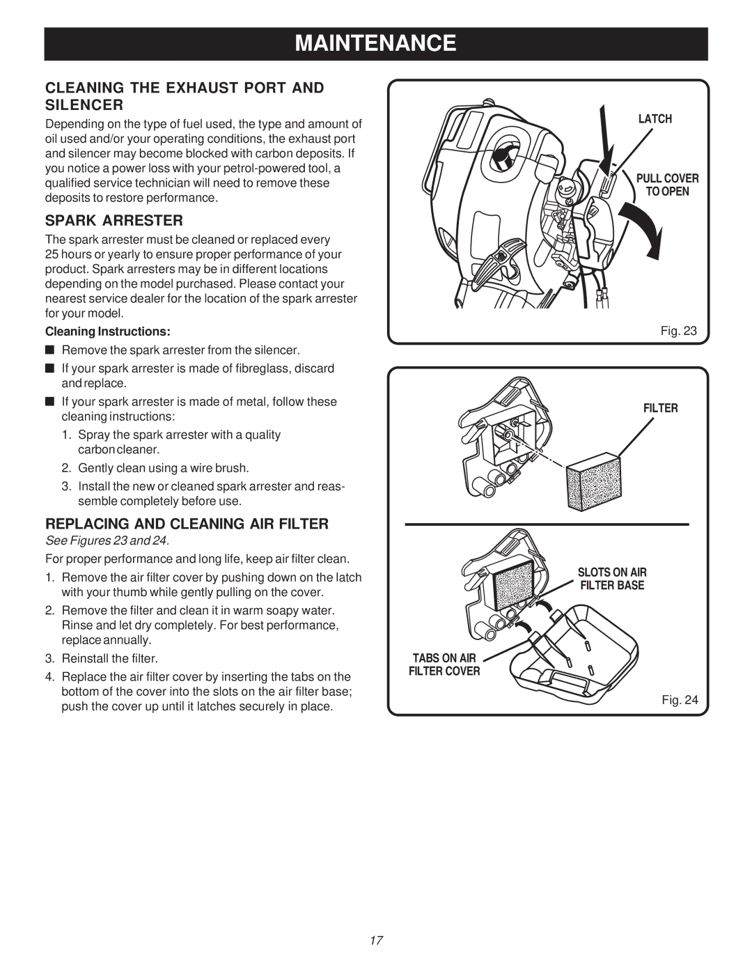 Ryobi Outdoor PBC3046B, RY70107A Cleaning the Exhaust Port and Silencer, Spark Arrester, Replacing and Cleaning AIR Filter 