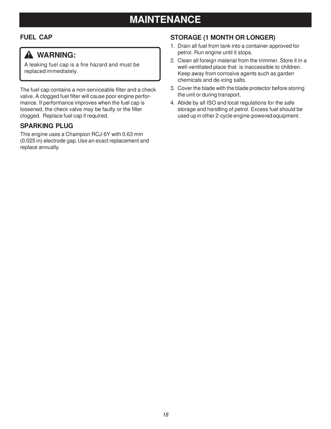 Ryobi Outdoor RY70107A, PBC3046B manual Fuel CAP, Sparking Plug, Storage 1 Month or Longer 
