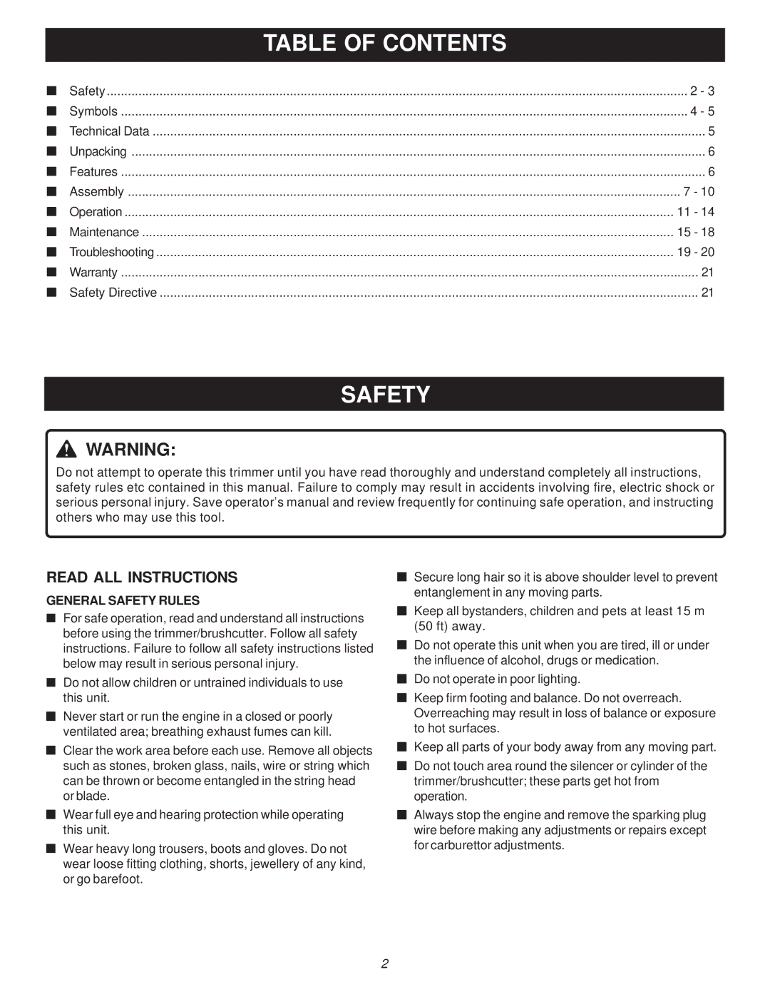 Ryobi Outdoor RY70107A, PBC3046B manual Table of Contents, Safety 