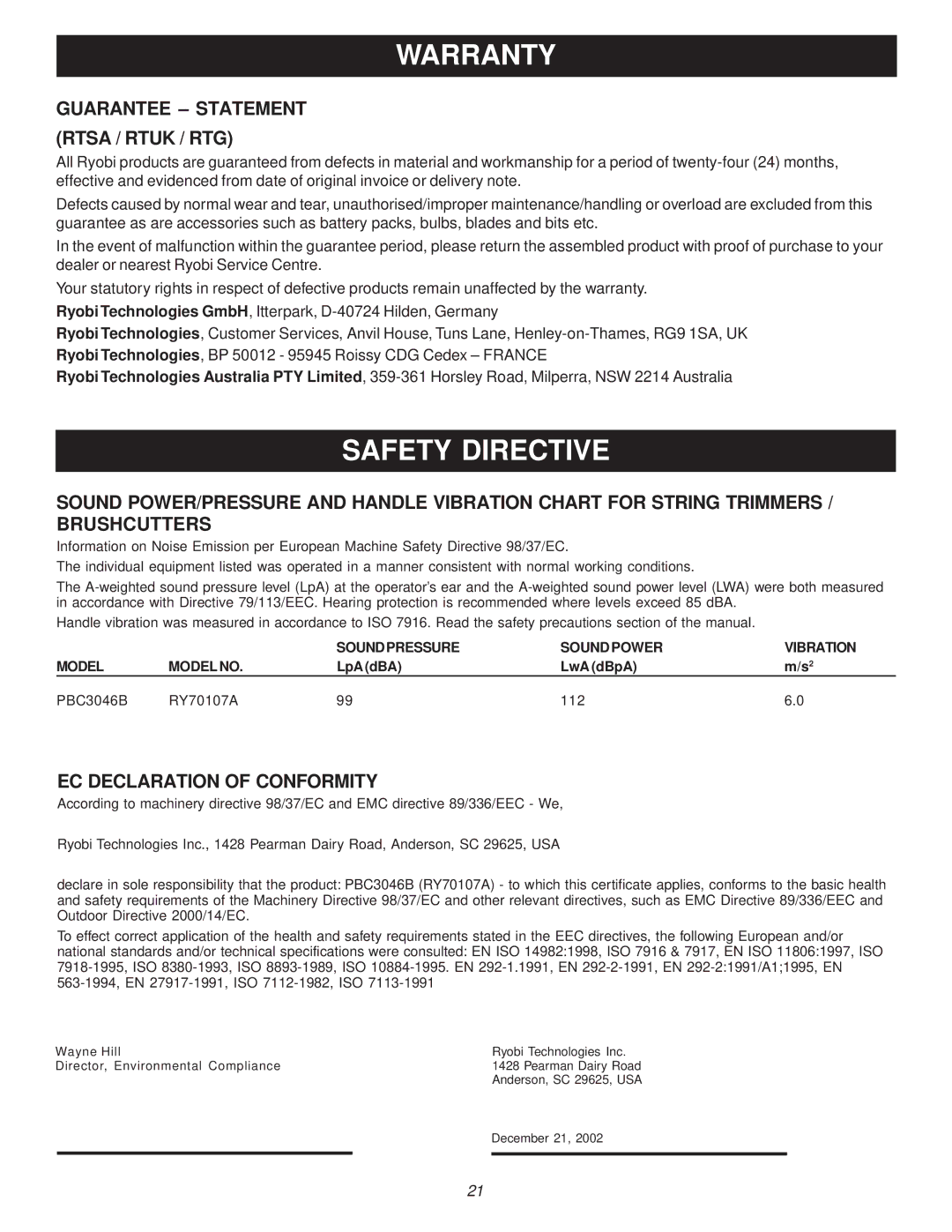 Ryobi Outdoor PBC3046B Warranty, Safety Directive, Guarantee Statement Rtsa / Rtuk / RTG, EC Declaration of Conformity 