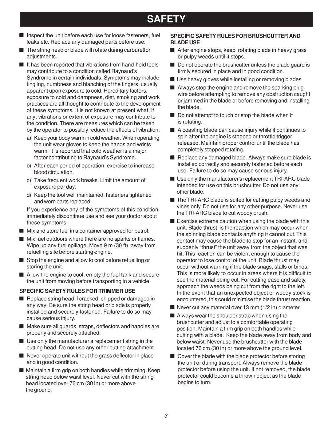 Ryobi Outdoor PBC3046B manual Specific Safety Rules for Trimmer USE, Specific Safety Rules for Brushcutter and Blade USE 