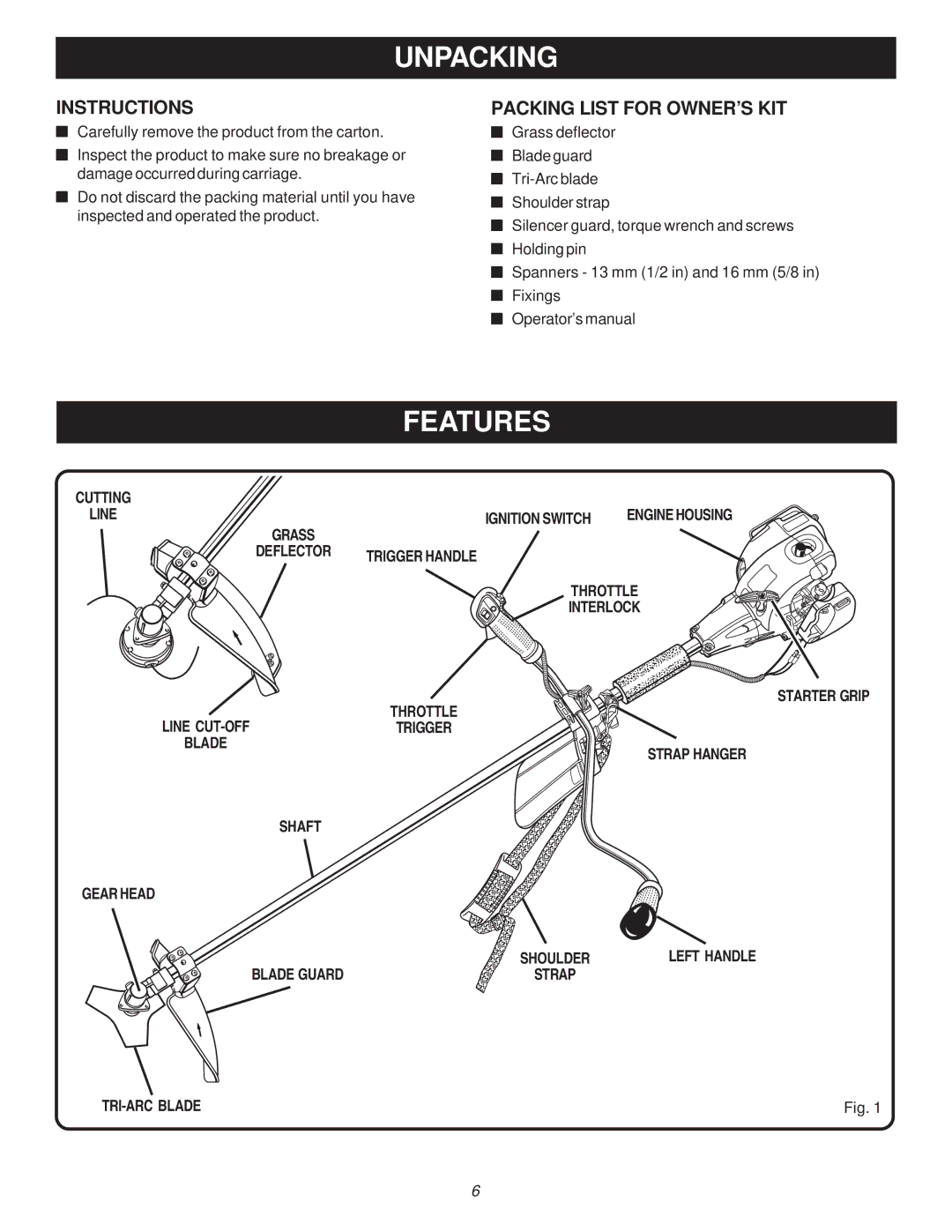 Ryobi Outdoor RY70107A, PBC3046B manual Unpacking, Features, Instructions, Packing List for OWNER’S KIT 