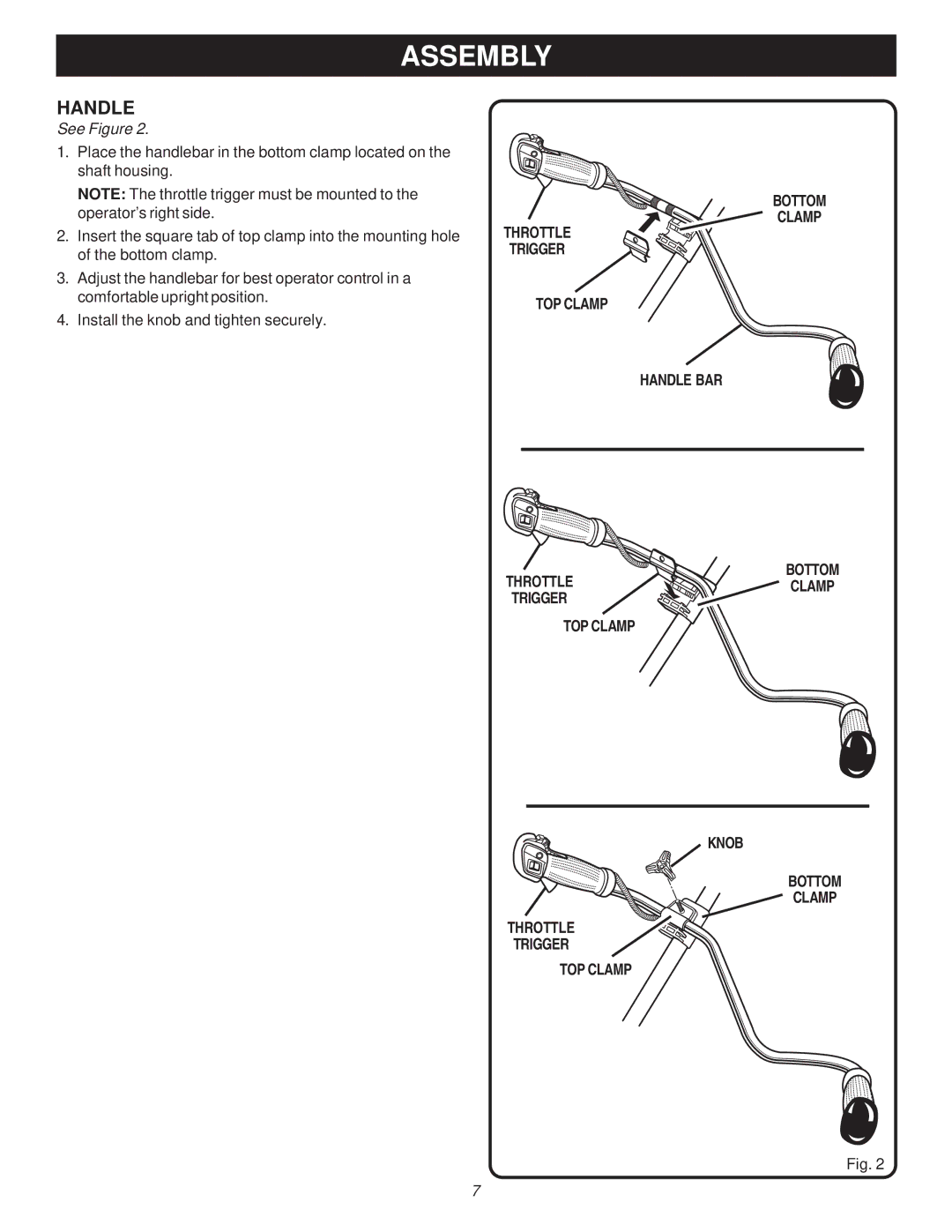 Ryobi Outdoor PBC3046B, RY70107A manual Assembly, See Figure, Throttle Trigger TOP Clamp Handle BAR Bottom 