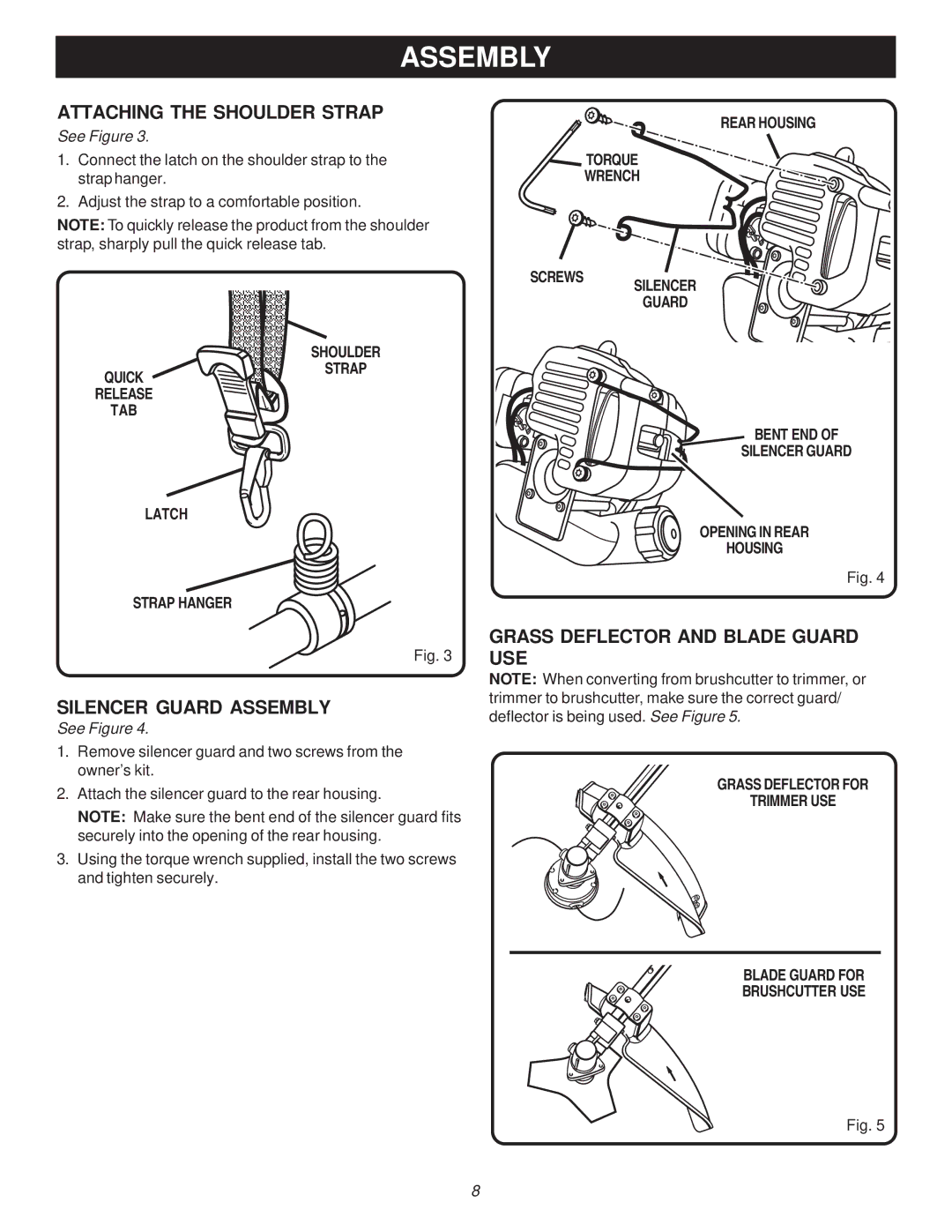 Ryobi Outdoor RY70107A manual Attaching the Shoulder Strap, Silencer Guard Assembly, Grass Deflector and Blade Guard USE 