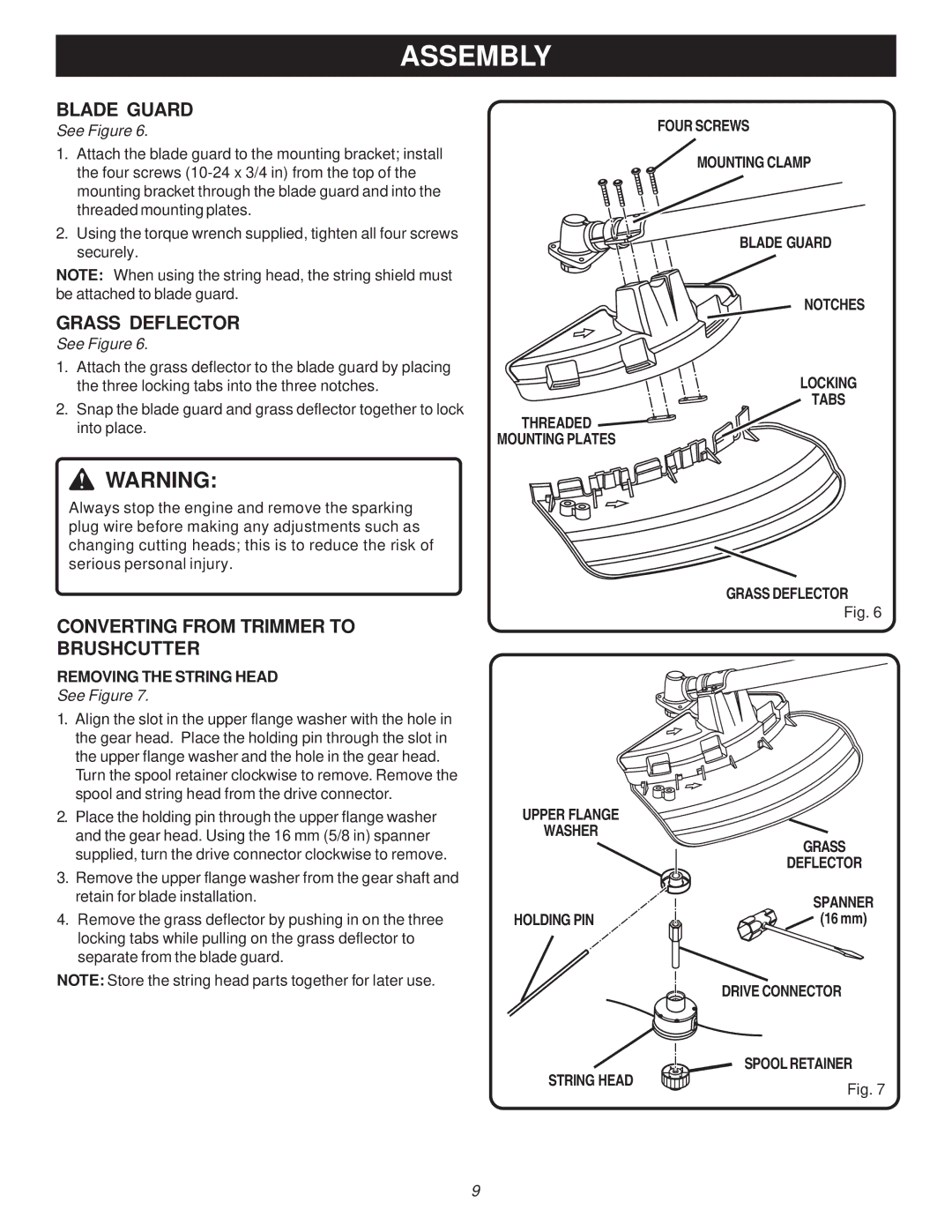 Ryobi Outdoor PBC3046B, RY70107A manual Blade Guard, Grass Deflector, Converting from Trimmer to Brushcutter 