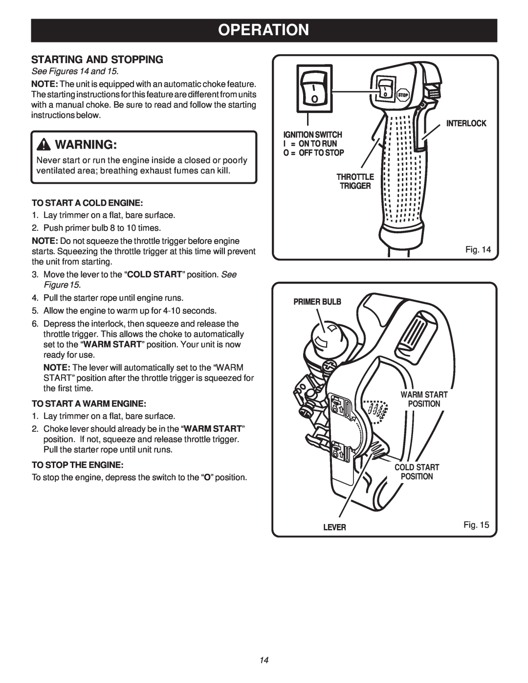 Ryobi Outdoor RY70107A Starting And Stopping, See Figures 14 and, To Start A Cold Engine, To Start A Warm Engine, Lever 