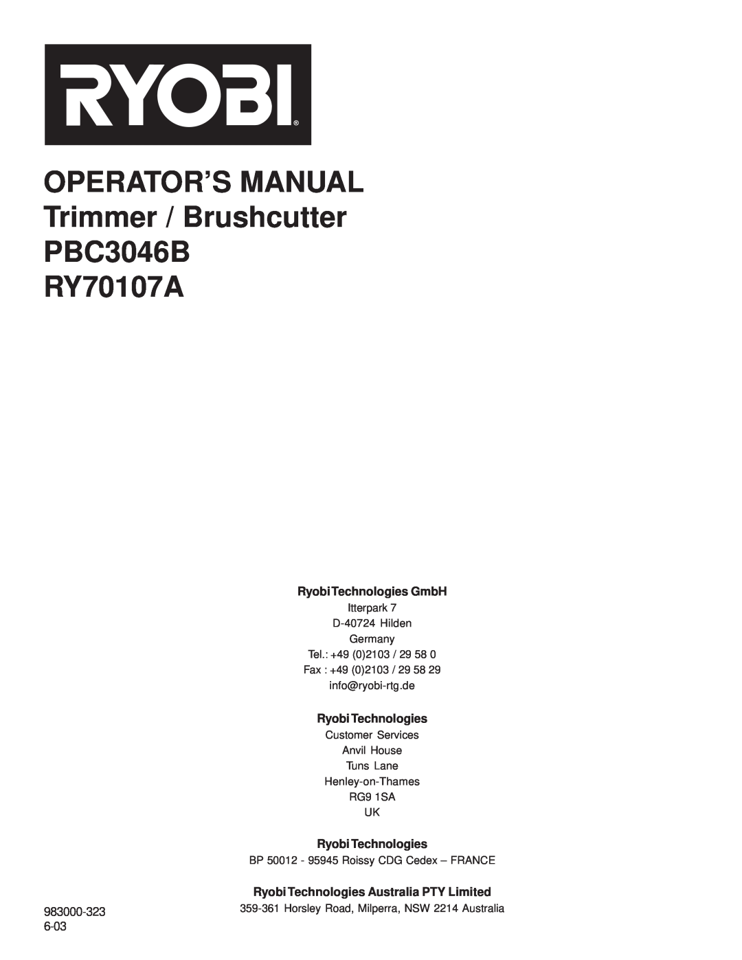 Ryobi Outdoor manual Ryobi Technologies GmbH, OPERATOR’S MANUAL Trimmer / Brushcutter PBC3046B RY70107A 