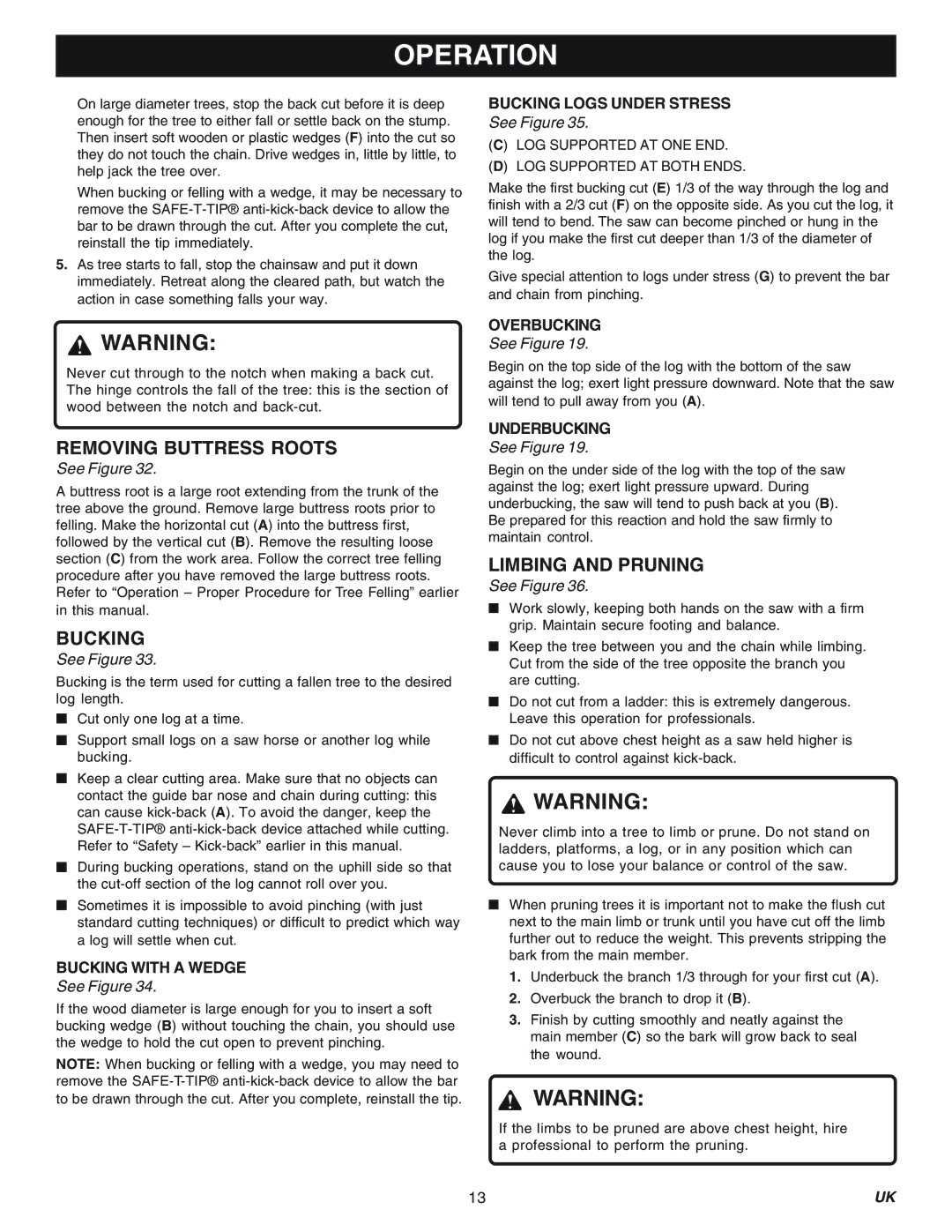 Ryobi Outdoor RY74003D manual Removing Buttress Roots, Bucking, Limbing and Pruning 