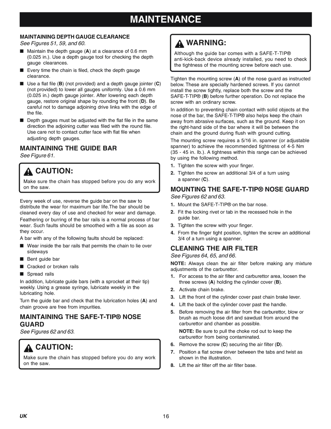 Ryobi Outdoor RY74003D manual Maintaining the Guide BAR, Maintaining the SAFE-T-TIP Nose Guard, Cleaning the AIR Filter 