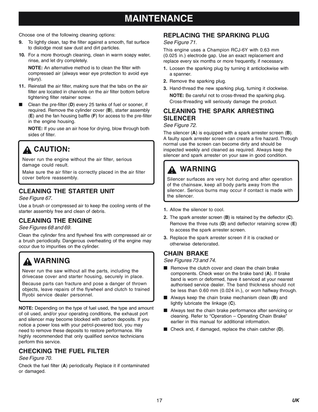 Ryobi Outdoor RY74003D manual Cleaning the Starter Unit, Cleaning the Engine, Checking the Fuel Filter, Chain Brake 