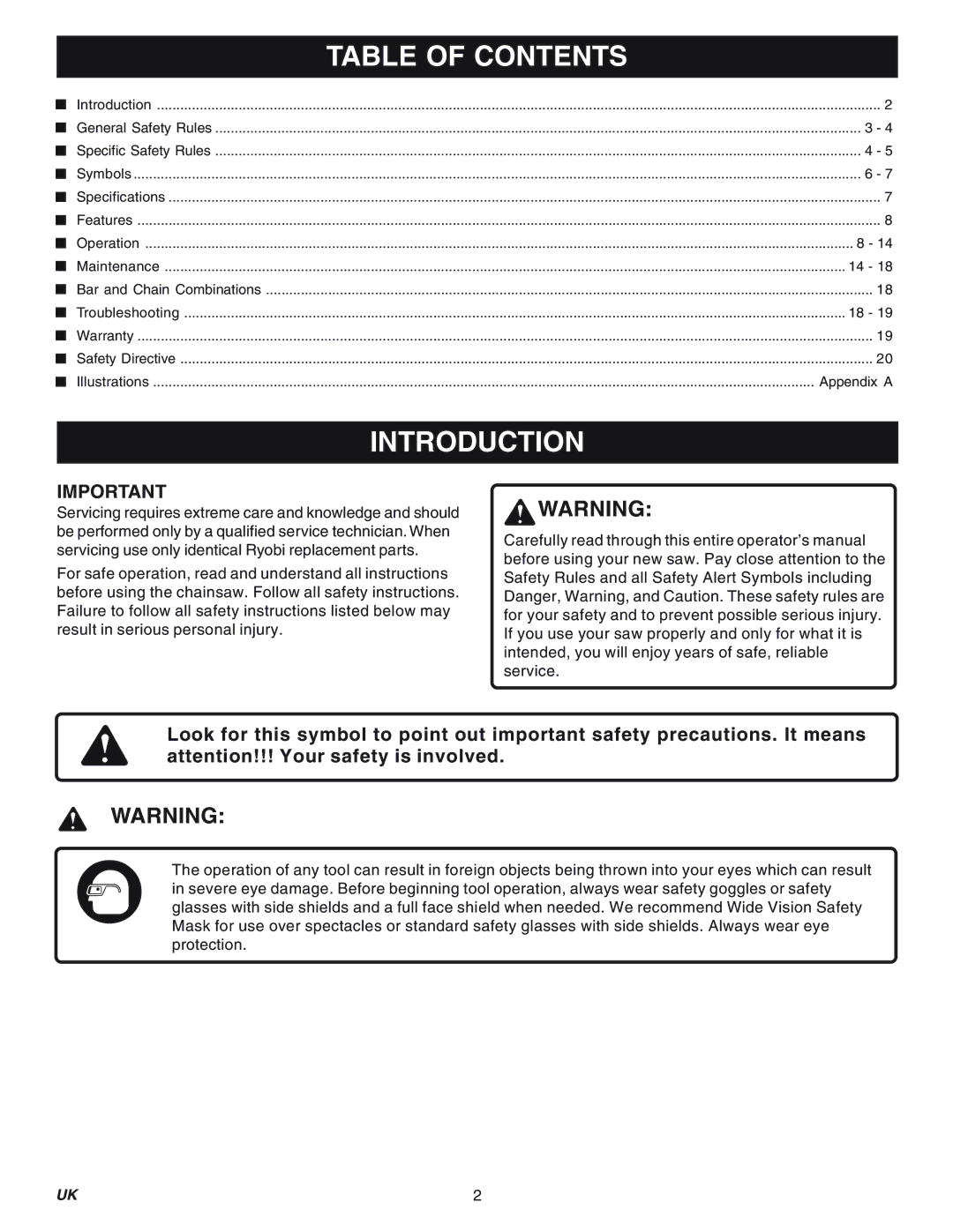 Ryobi Outdoor RY74003D manual Table of Contents, Introduction 