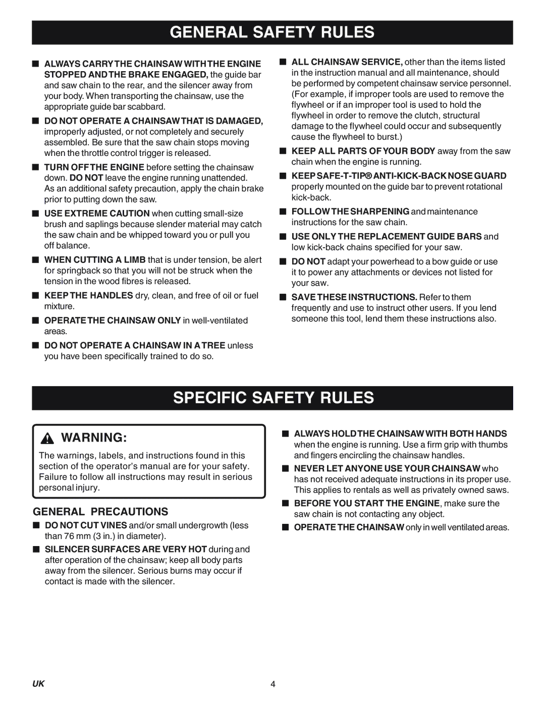 Ryobi Outdoor RY74003D manual Specific Safety Rules, General Precautions 