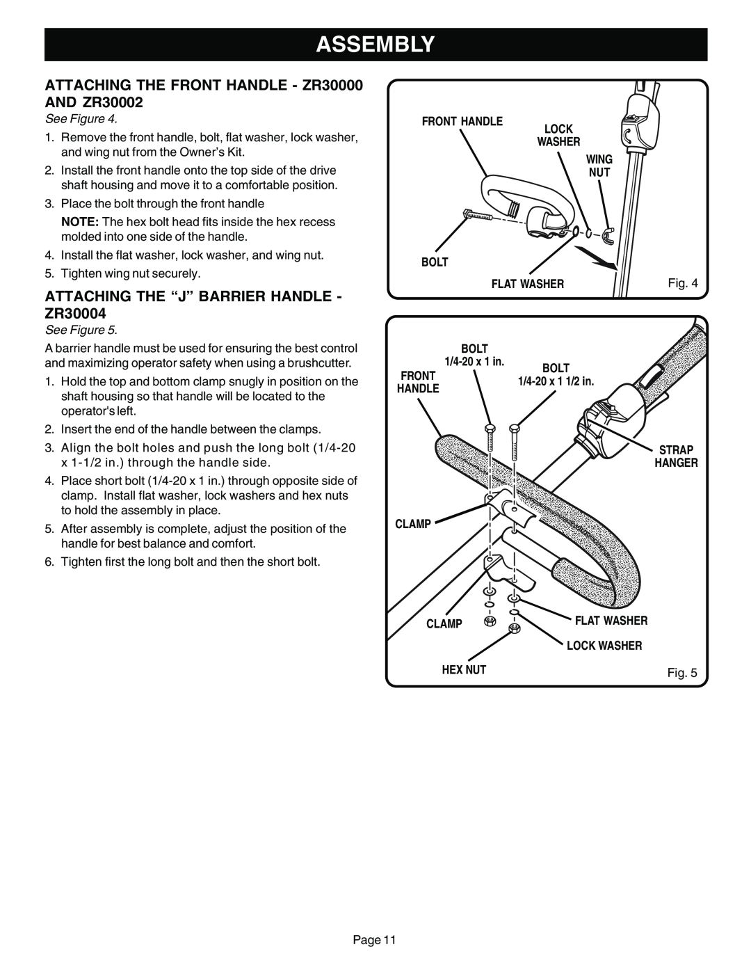 Ryobi Outdoor BC30 ZR30004 manual Assembly, See Figure, Front Handle Lock Washer Wing Nut Bolt, Flat Washer, Clamp, Hex Nut 