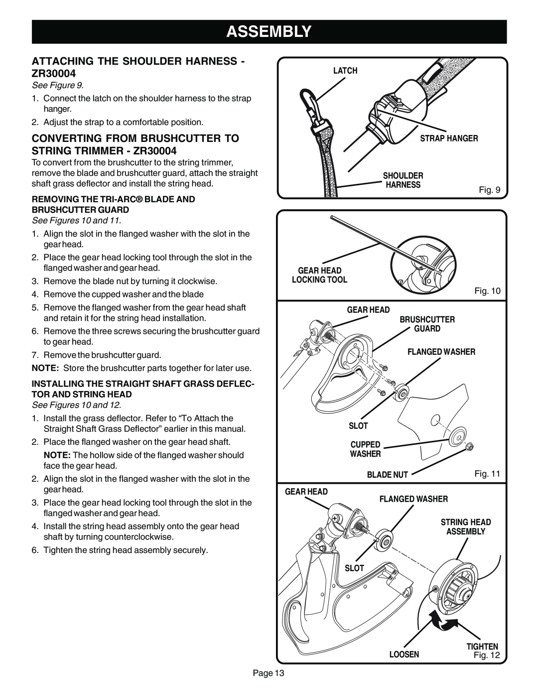 Ryobi Outdoor CS30 ZR30000 Assembly, Latch Strap Hanger Shoulder, See Figures 10 and, Harness Gear Head Locking Tool 