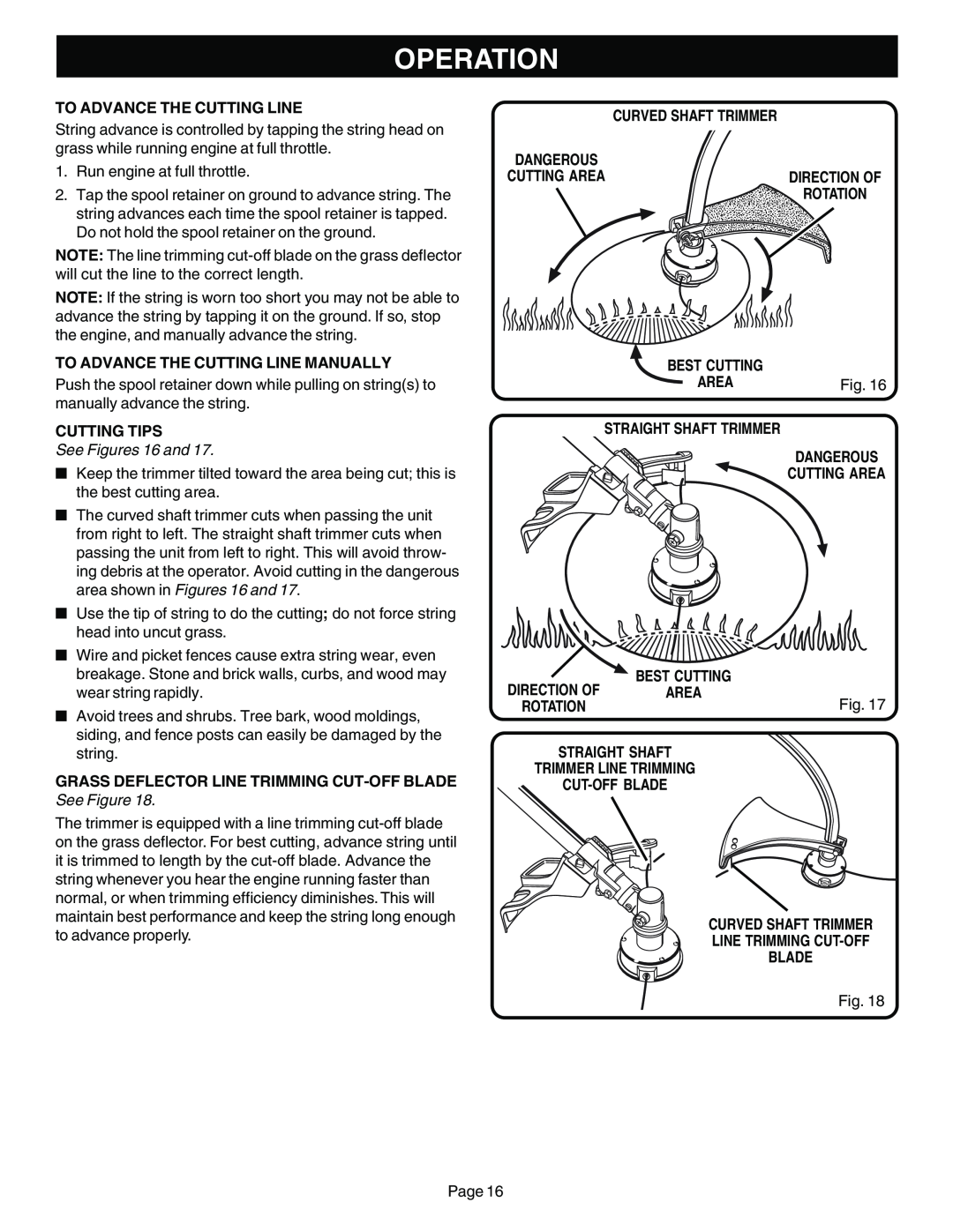 Ryobi Outdoor CS30 ZR30000 manual Operation, To Advance The Cutting Line Manually, Cutting Tips, See Figures 16 and 