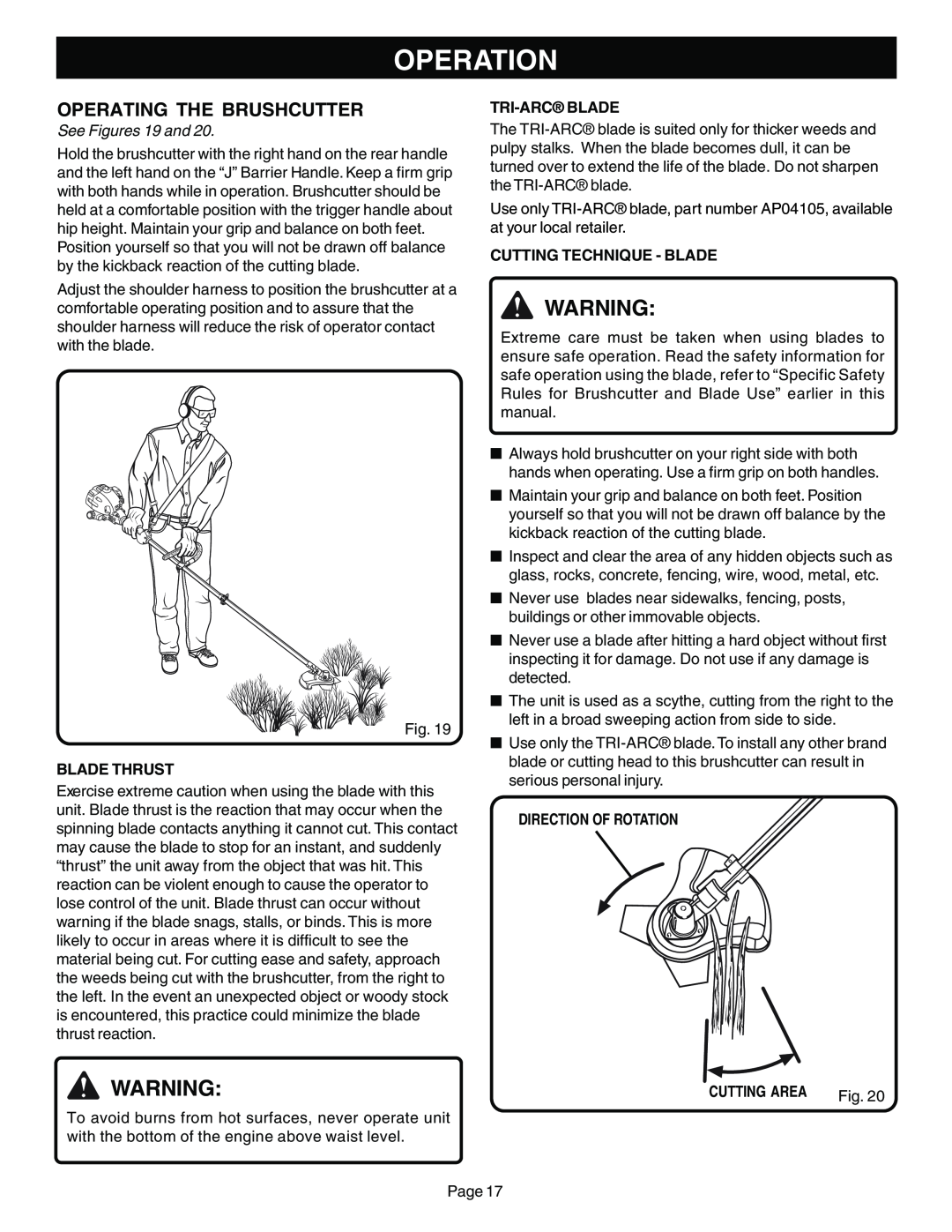 Ryobi Outdoor BC30 ZR30004 manual Operation, See Figures 19 and, Blade Thrust, Tri-Arcblade, Cutting Technique - Blade 