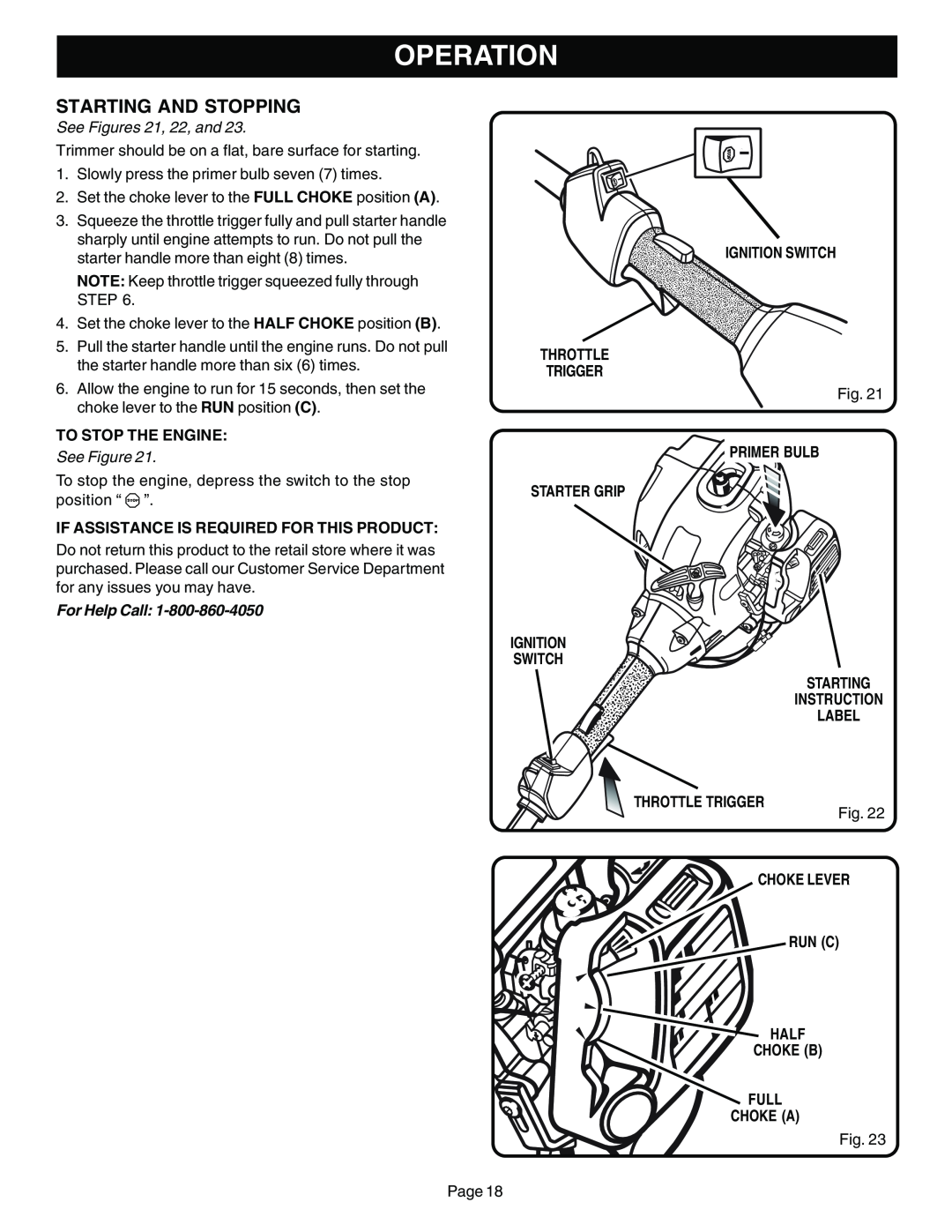 Ryobi Outdoor SS30 ZR30002, CS30 ZR30000 manual Operation, See Figures 21, 22, and, To Stop The Engine, For Help Call 