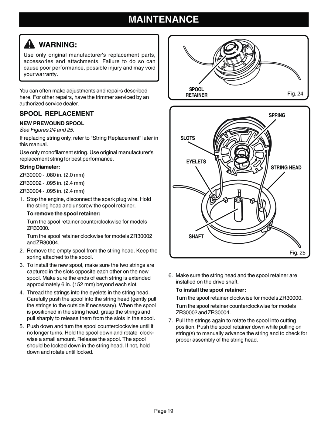 Ryobi Outdoor CS30 ZR30000, SS30 ZR30002 manual Maintenance, New Prewound Spool, See Figures 24 and, String Diameter, Spring 