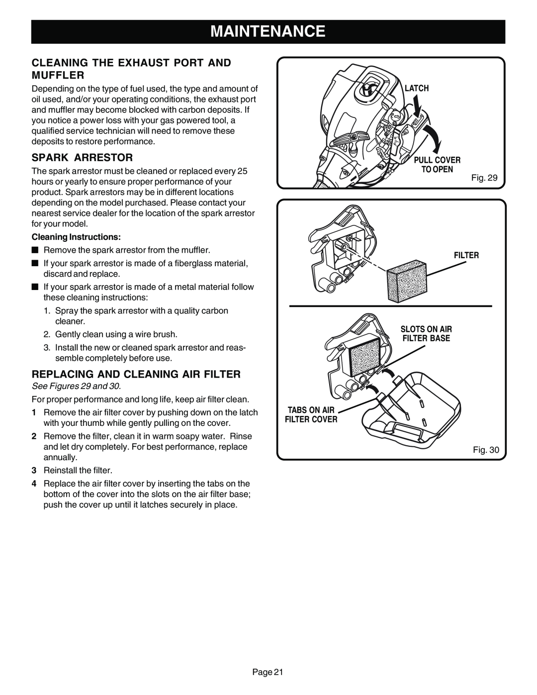 Ryobi Outdoor SS30 ZR30002 Maintenance, Cleaning Instructions, See Figures 29 and, Latch Pull Cover To Open, Filter Cover 