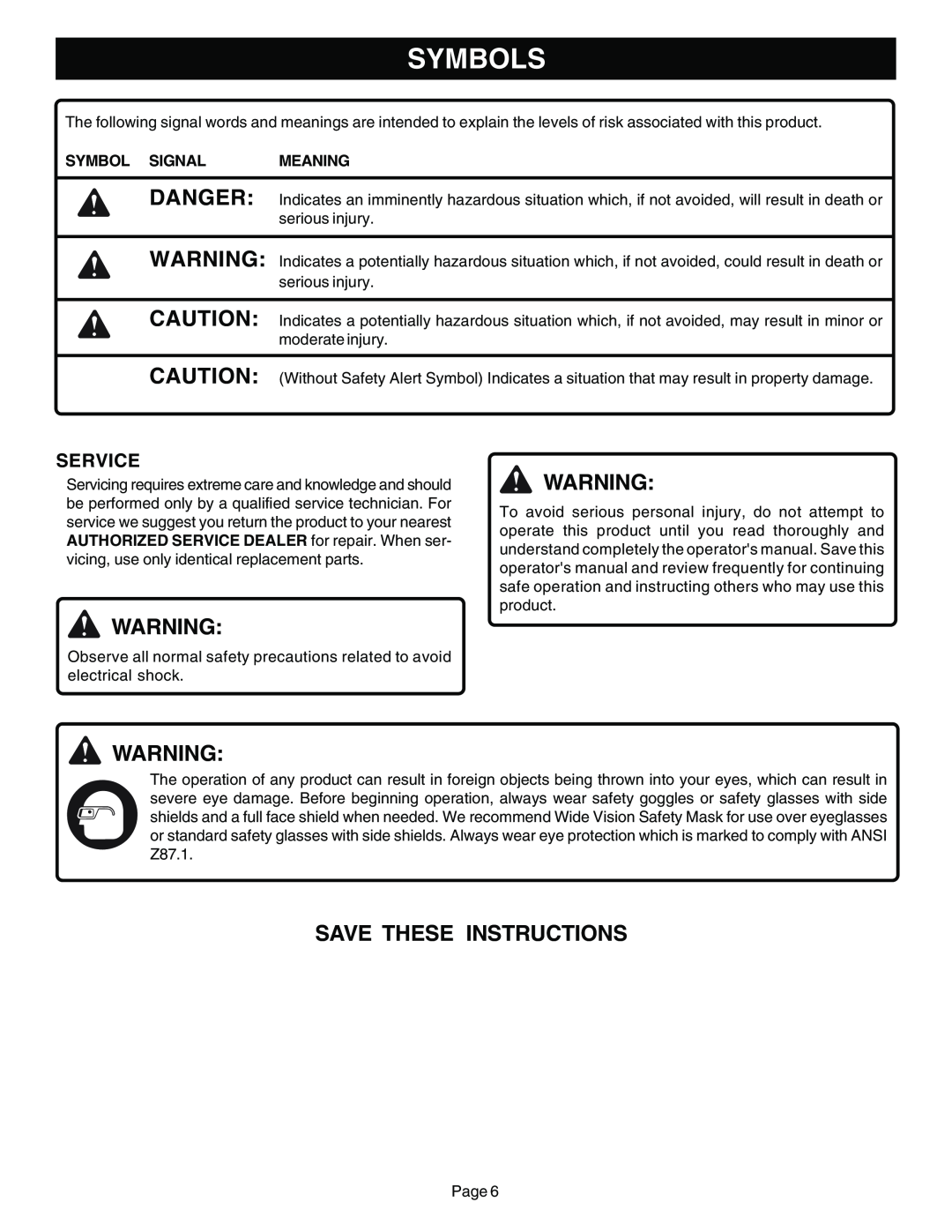 Ryobi Outdoor SS30 ZR30002, CS30 ZR30000, BC30 ZR30004 Save These Instructions, Symbols, Service, Symbol Signal, Meaning 