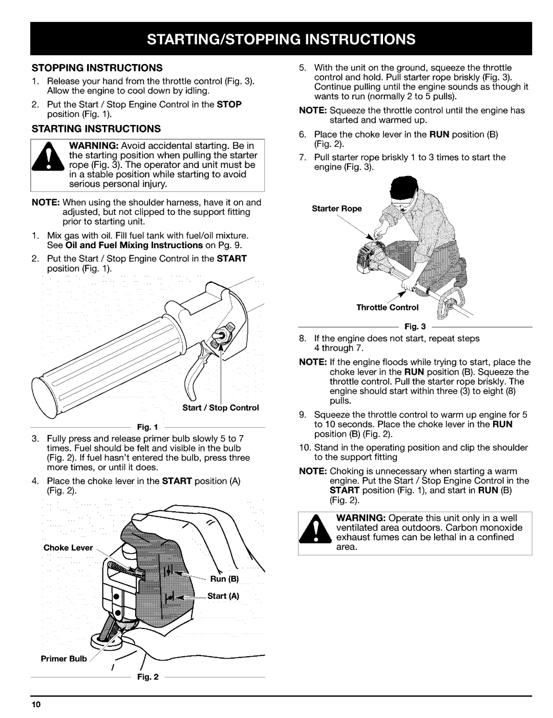 Ryobi Outdoor Trimmer manual Stopping Instructions, Starter Rope, Through 