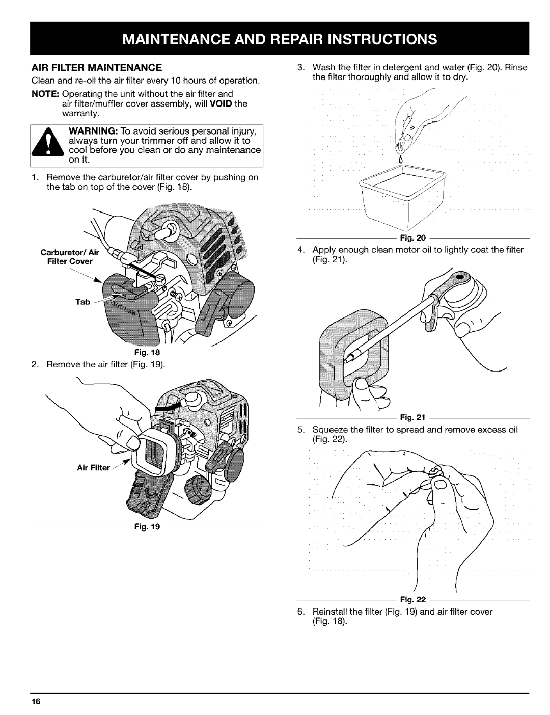 Ryobi Outdoor Trimmer manual AIR Filter Maintenance, Carburetor/Air Filter Cover 