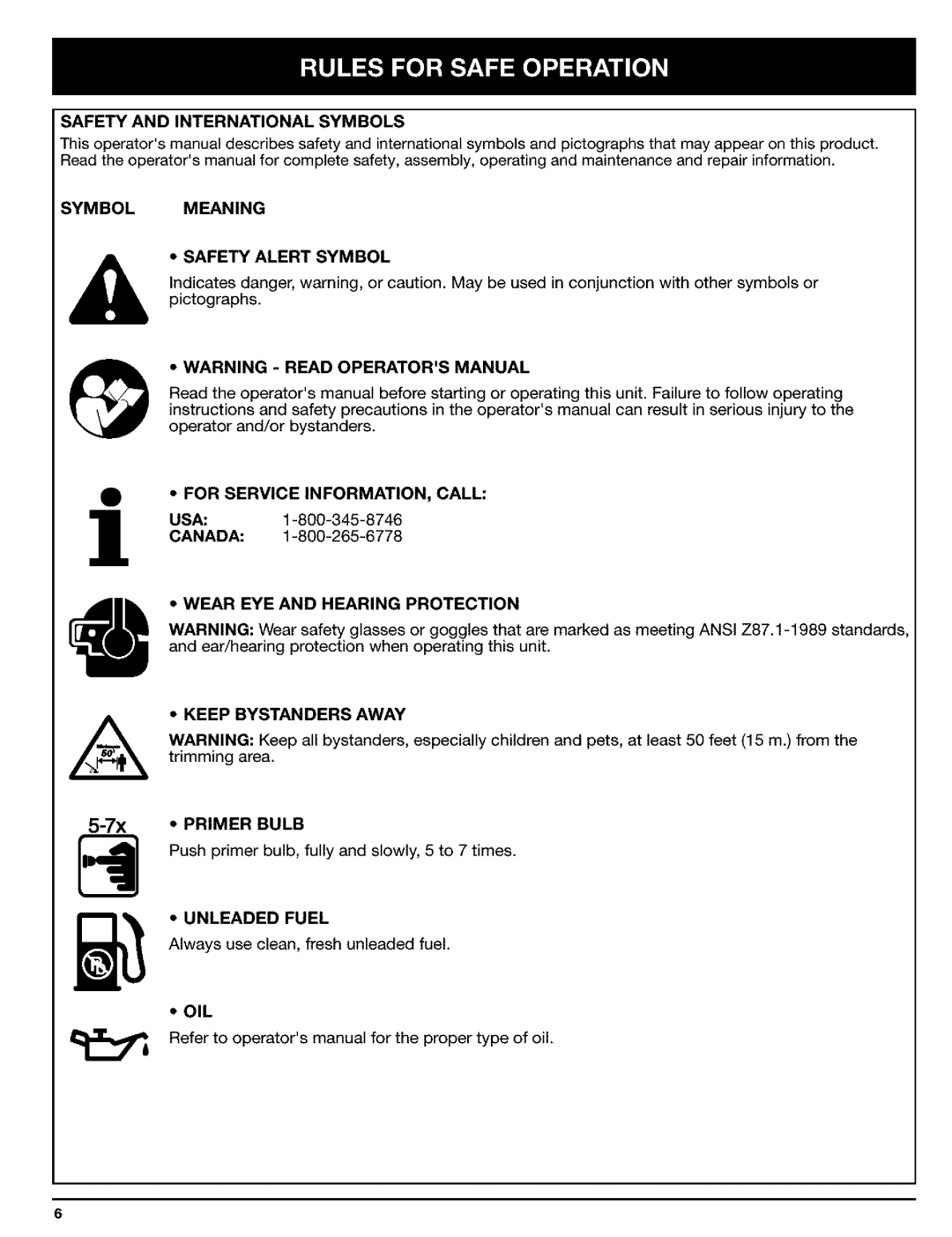 Ryobi Outdoor Trimmer Safety and International Symbols, Symbolmeaning, For Service INFORMATION, Call, Unleaded Fuel, Oil 