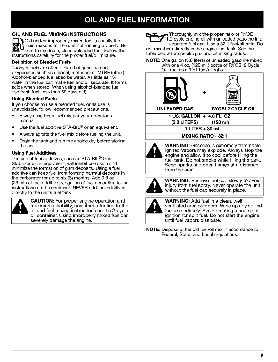 Ryobi Outdoor Trimmer manual OIL and Fuel Mixing Instructions, Unleaded GAS Ryobi 2 Cycle OIL US. Gallon +, Liter + 