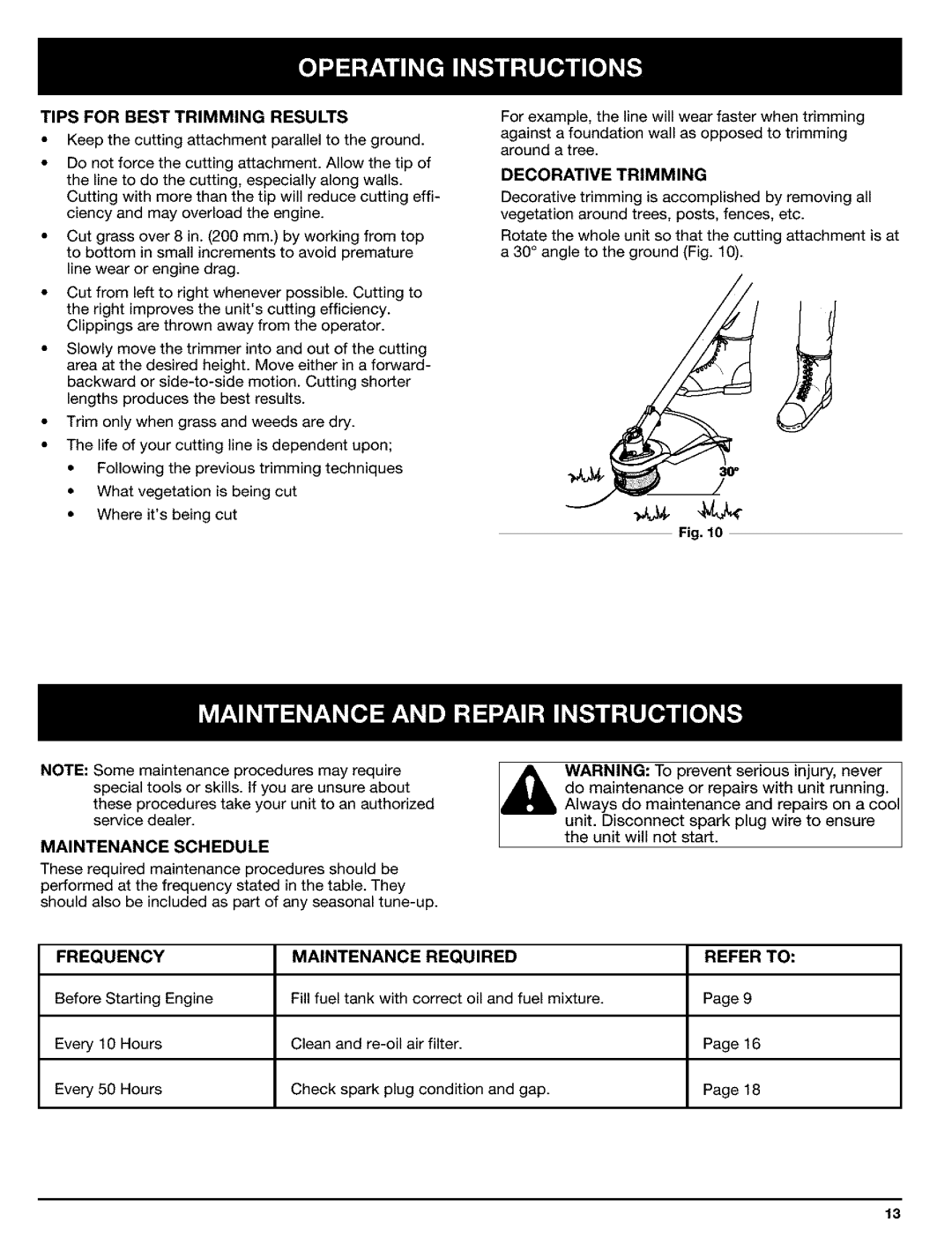 Ryobi Outdoor Trimmer manual Tips For Best Trimming Results, Decorative Trimming, Maintenance Schedule, Frequency, Required 