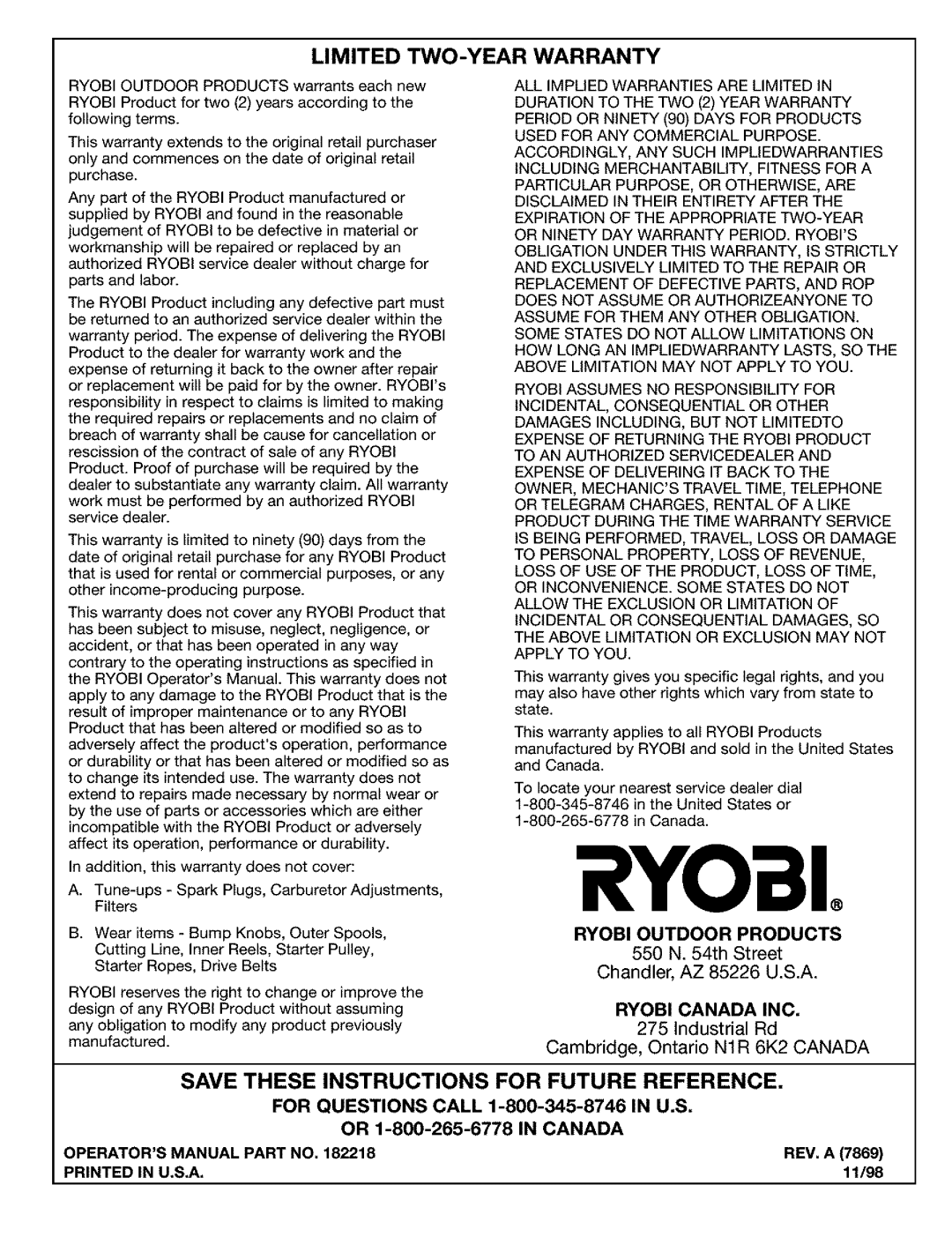 Ryobi Outdoor Trimmer Limited Two-Yearwarranty, Save These Instructions For Future Reference, Ryobi Canada Inc, Rev. A 