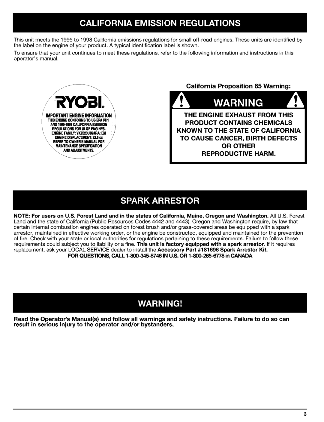 Ryobi Outdoor Trimmer manual California Proposition 65 Warning, Known To The State Of California, Reproductive Harm 