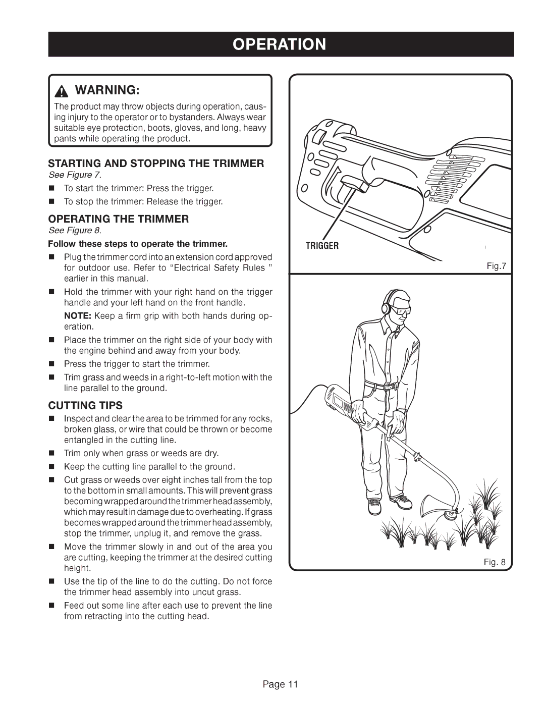 Ryobi Outdoor ZRRY41002 manual Operation, Starting and Stopping the Trimmer, Operating the Trimmer, Cutting Tips 