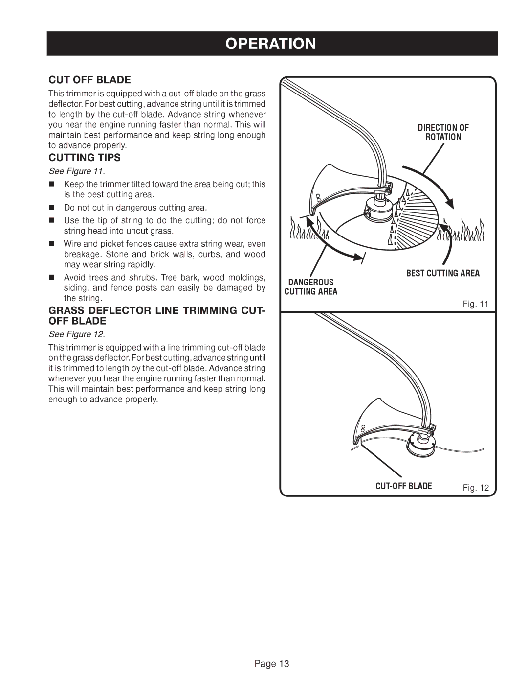 Ryobi Outdoor ZRRY41002 manual CUT OFF Blade, Grass Deflector Line Trimming CUT- OFF Blade 