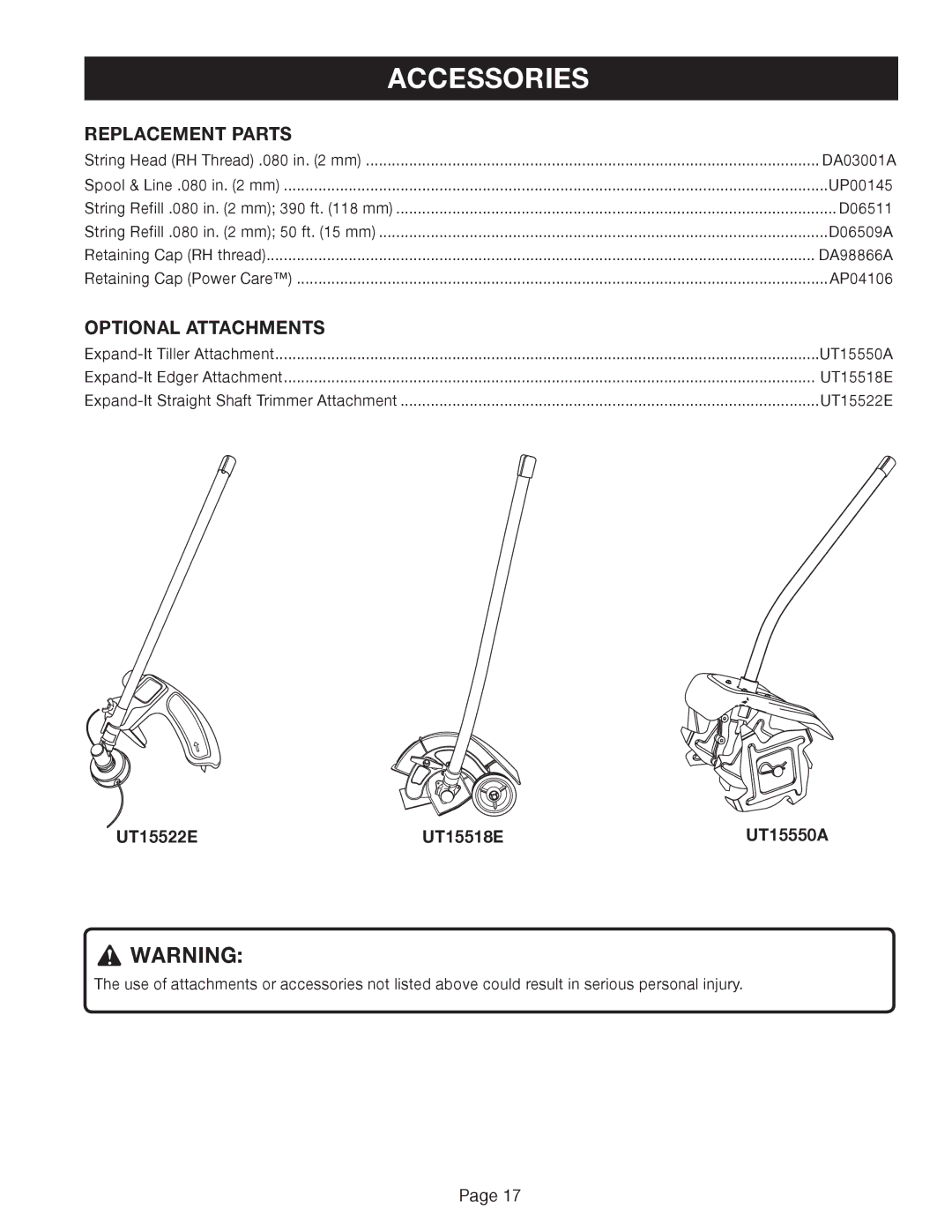 Ryobi Outdoor ZRRY41002 manual Accessories, Replacement Parts, Optional Attachments 