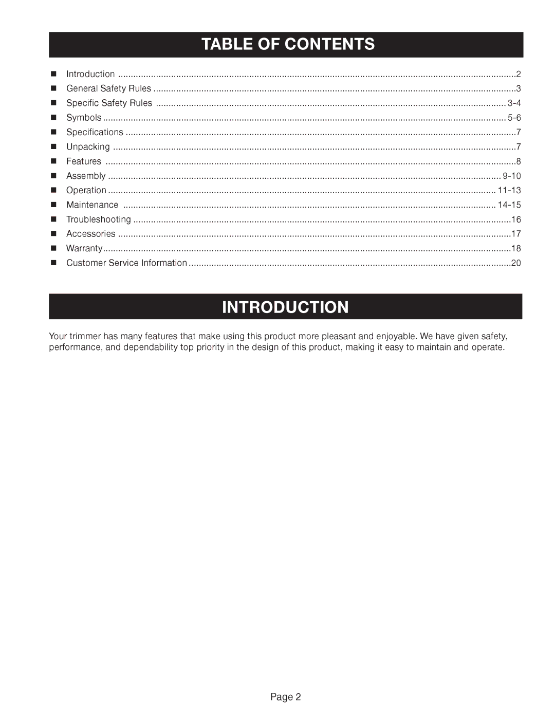 Ryobi Outdoor ZRRY41002 manual Introduction, Table of Contents 