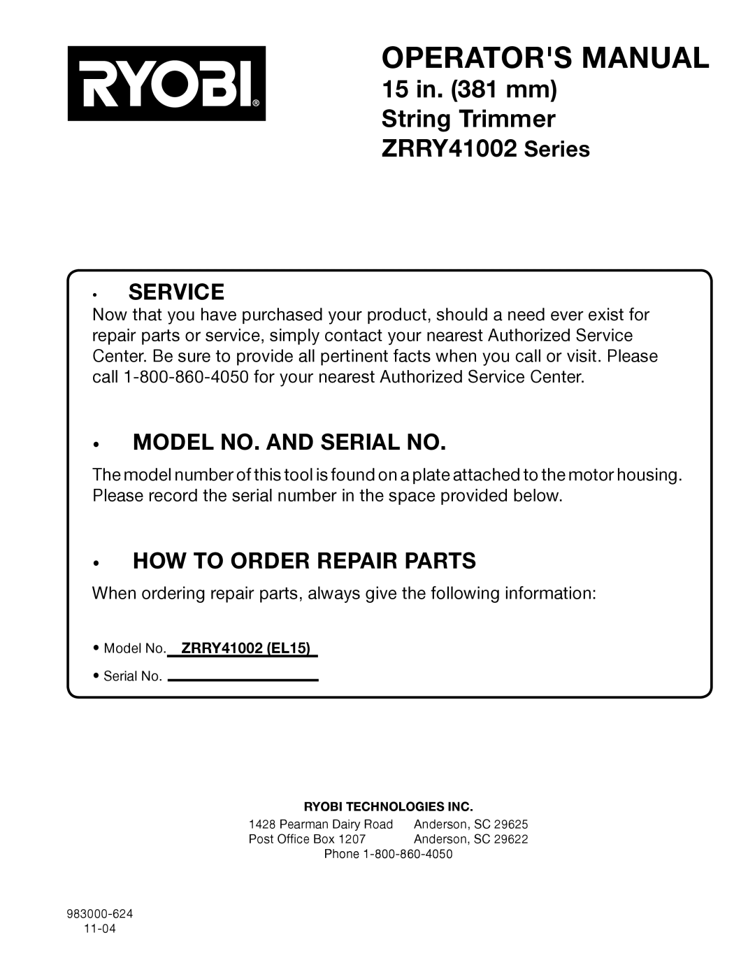 Ryobi Outdoor ZRRY41002 manual Service, Ryobi Technologies INC 