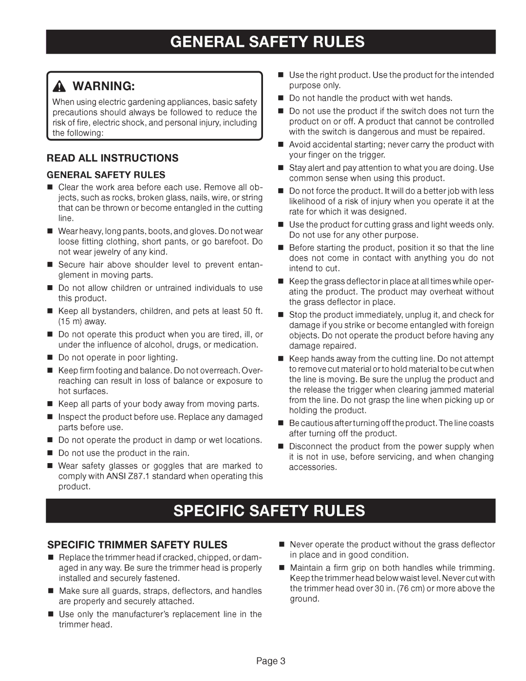 Ryobi Outdoor ZRRY41002 General Safety Rules, Specific Safety Rules, Read ALL Instructions, Specific Trimmer Safety Rules 