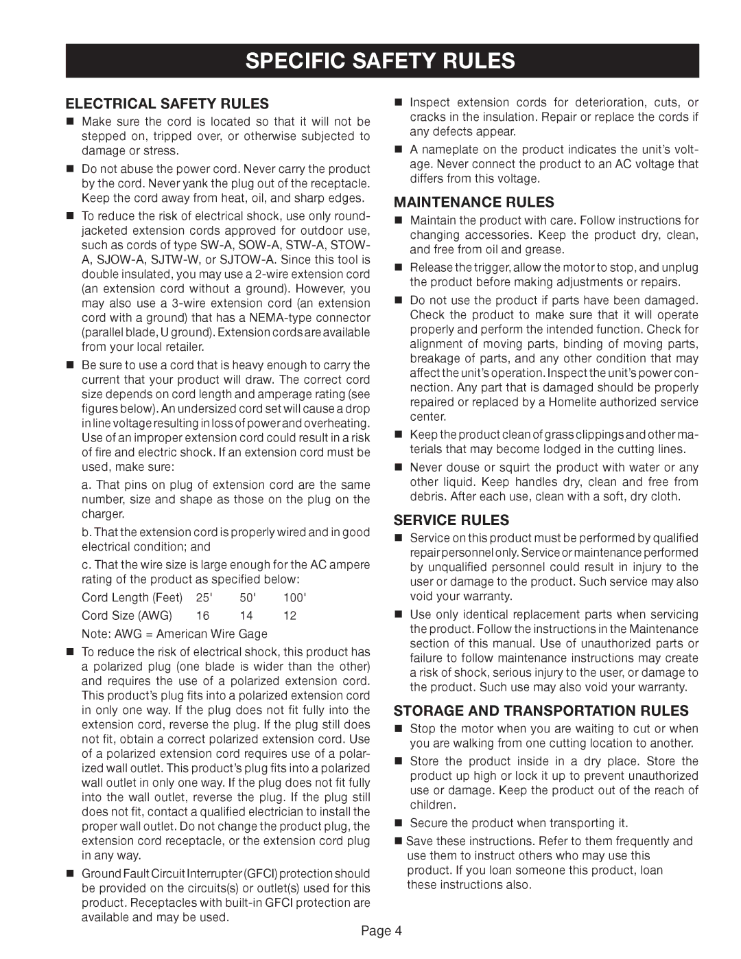 Ryobi Outdoor ZRRY41002 manual Electrical Safety Rules, Maintenance Rules, Service Rules, Storage and Transportation Rules 