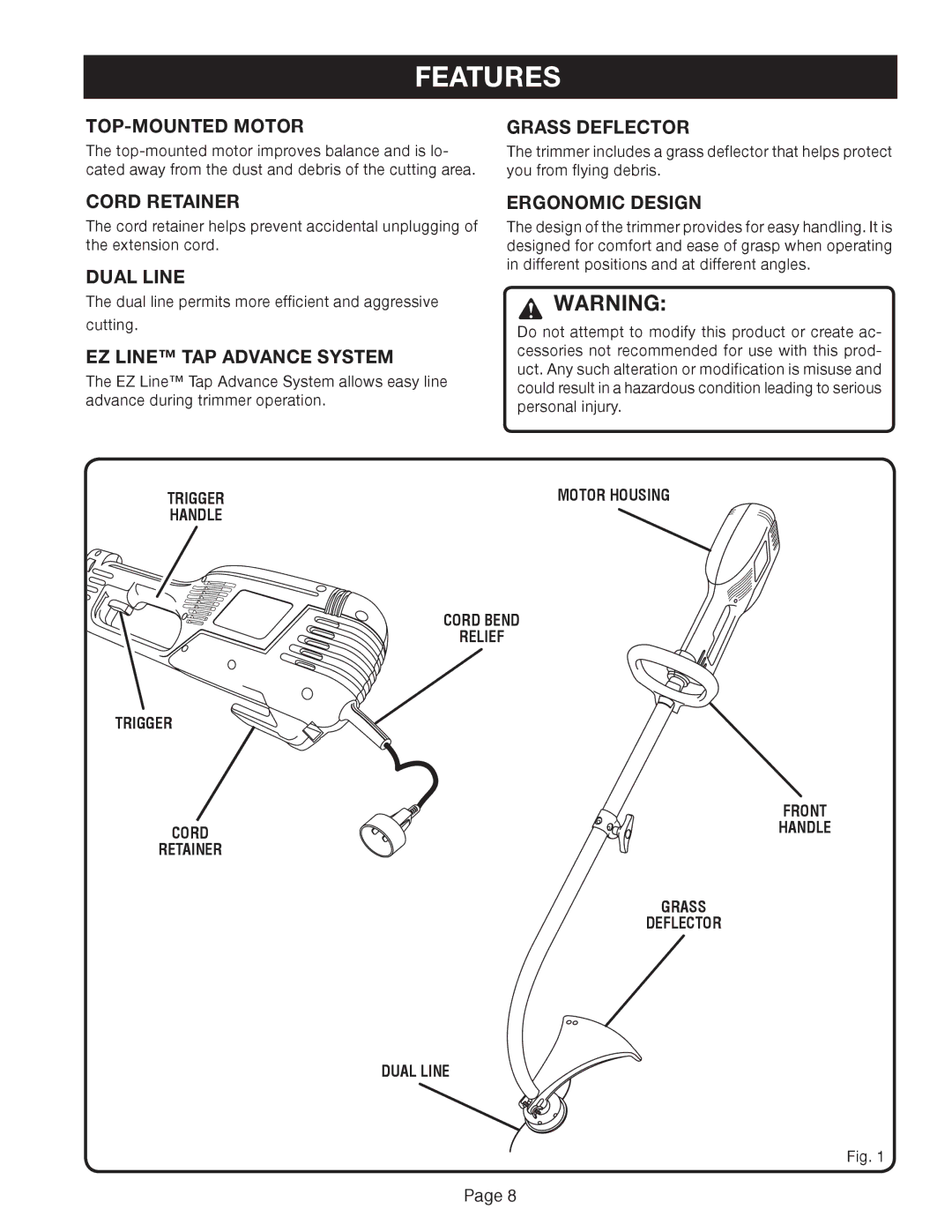 Ryobi Outdoor ZRRY41002 manual Features 