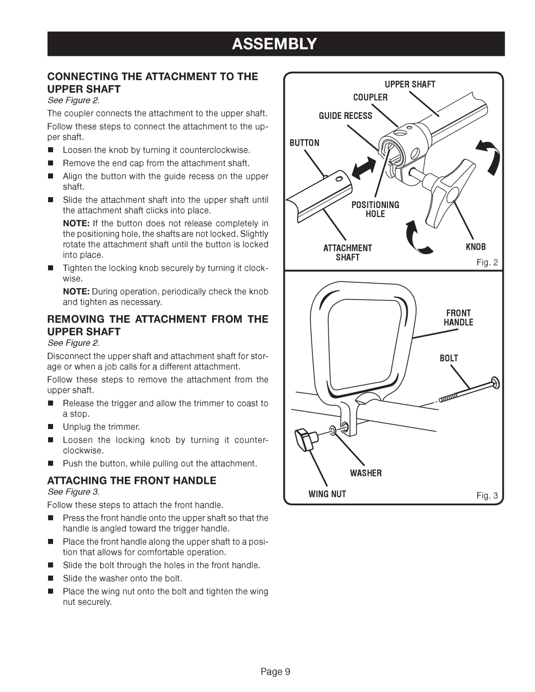 Ryobi Outdoor ZRRY41002 manual Assembly, Connecting the Attachment to the Upper Shaft, Attaching the Front Handle 