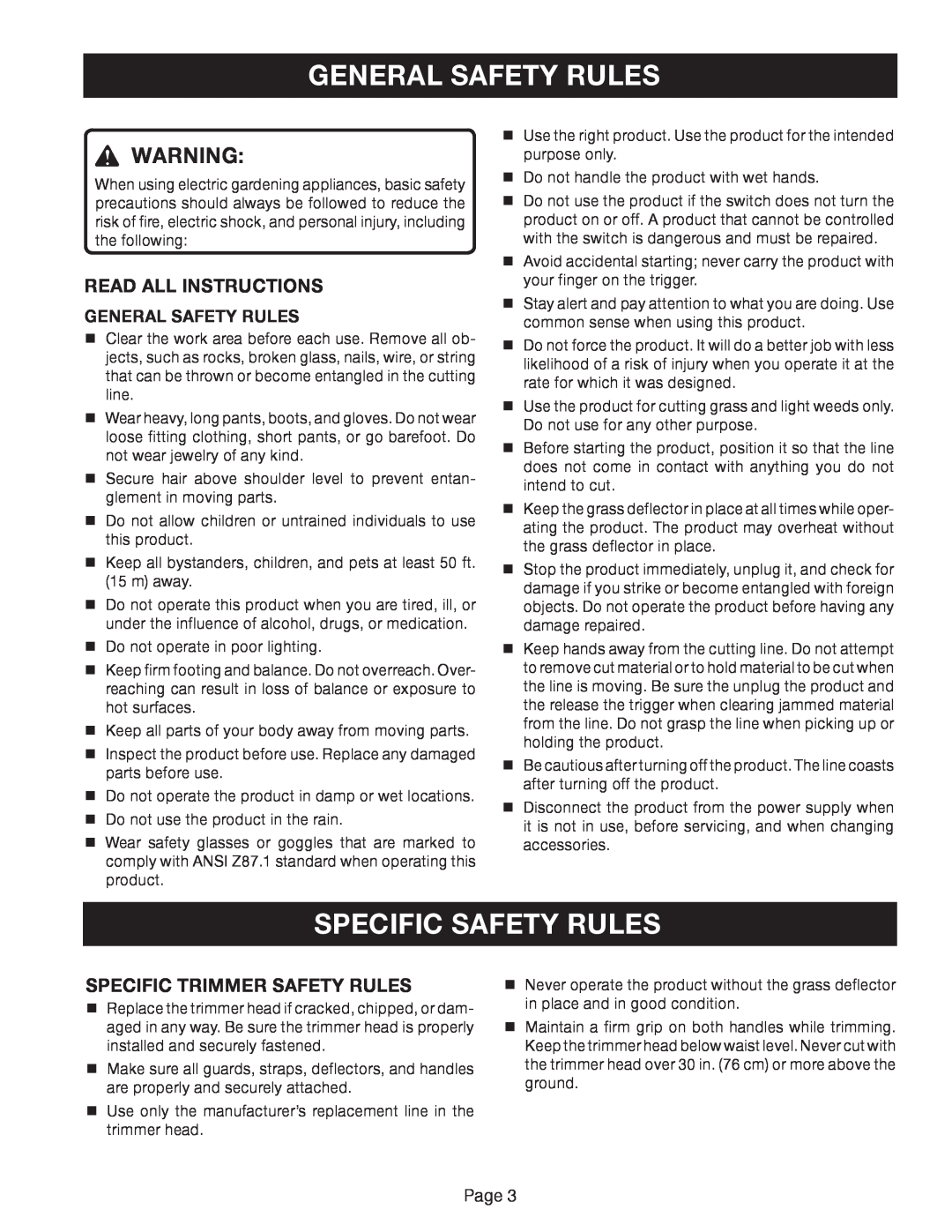 Ryobi Outdoor ZRRY41002 General Safety Rules, Specific Safety Rules, Read All Instructions, Specific Trimmer Safety Rules 