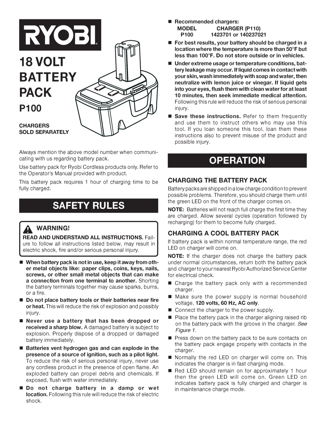 Ryobi P100 manual Safety Rules, Operation, Charging the Battery Pack, Charging a Cool Battery Pack 